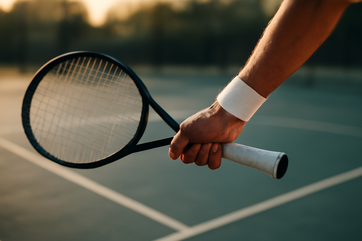 Pegangan raket continental sebelum melakukan servis tenis di lapangan keras