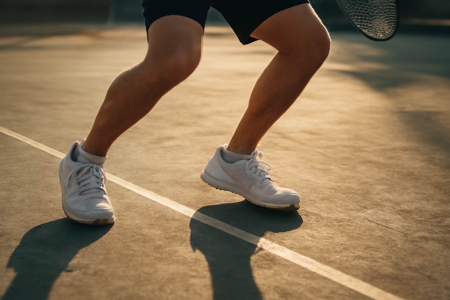Pemain tenis melakukan split step dengan posisi kaki terbuka di lapangan keras