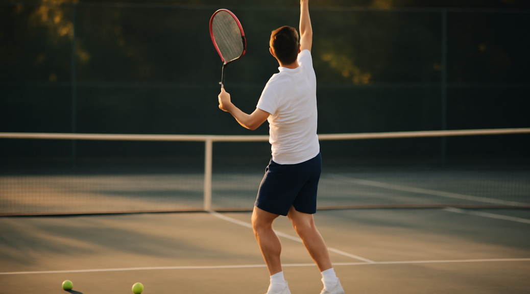 Pemain tenis berlatih variasi servis di lapangan keras pada sore hari
