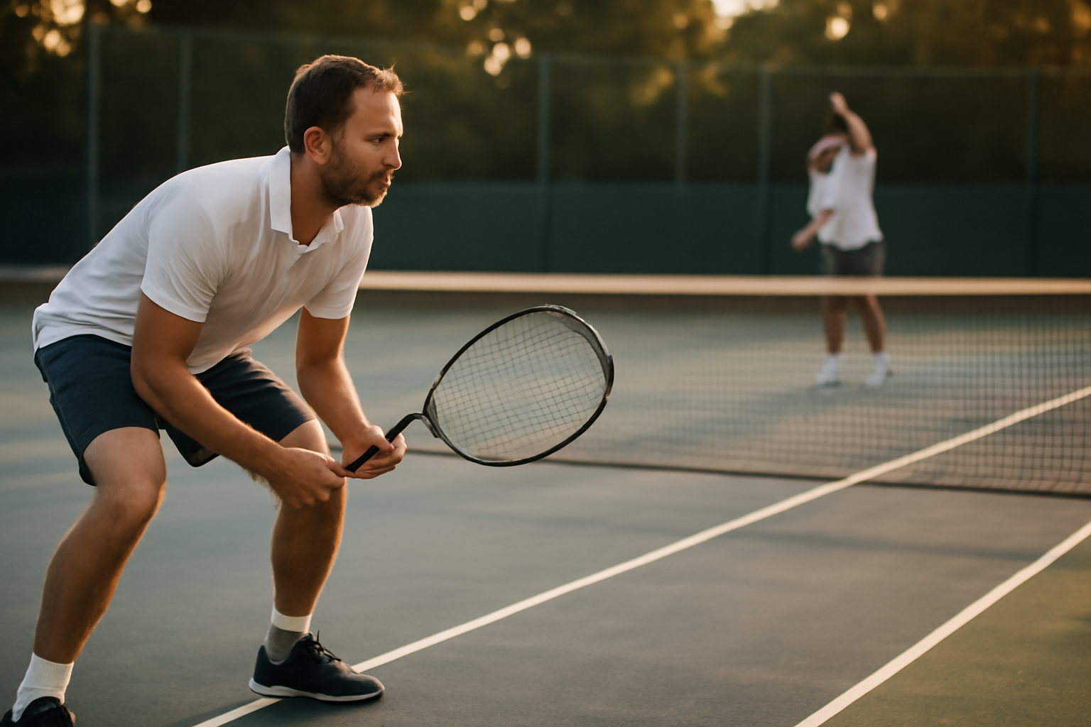 Pemain tenis bersiap menerima servis lawan di belakang garis belakang lapangan