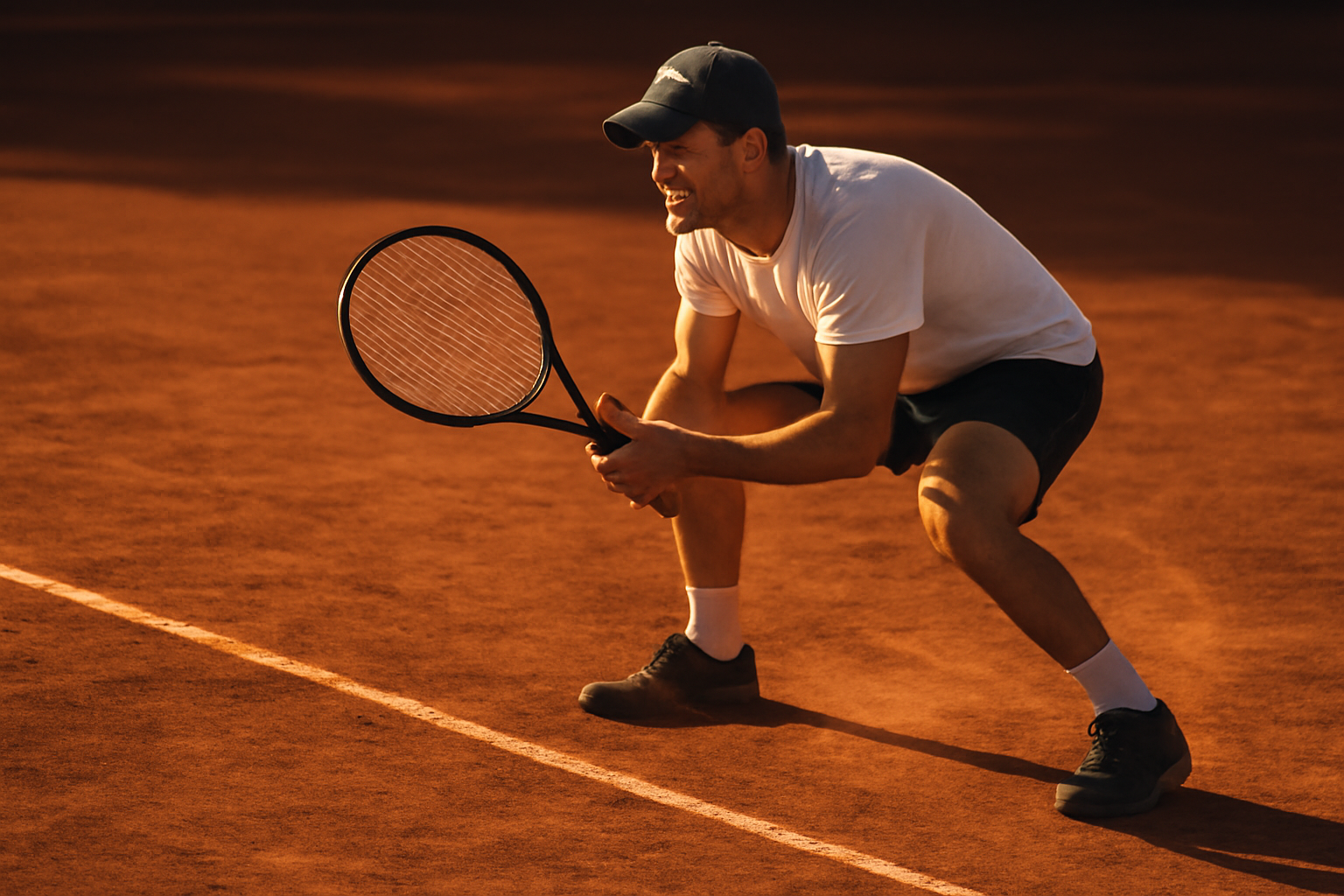Petenis bersiap mengembalikan pukulan berat lawan dari garis baseline dengan posisi lutut ditekuk