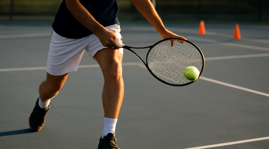 Petenis melakukan pukulan forehand dengan raket mengarah ke sasaran cone di area servis lapangan keras