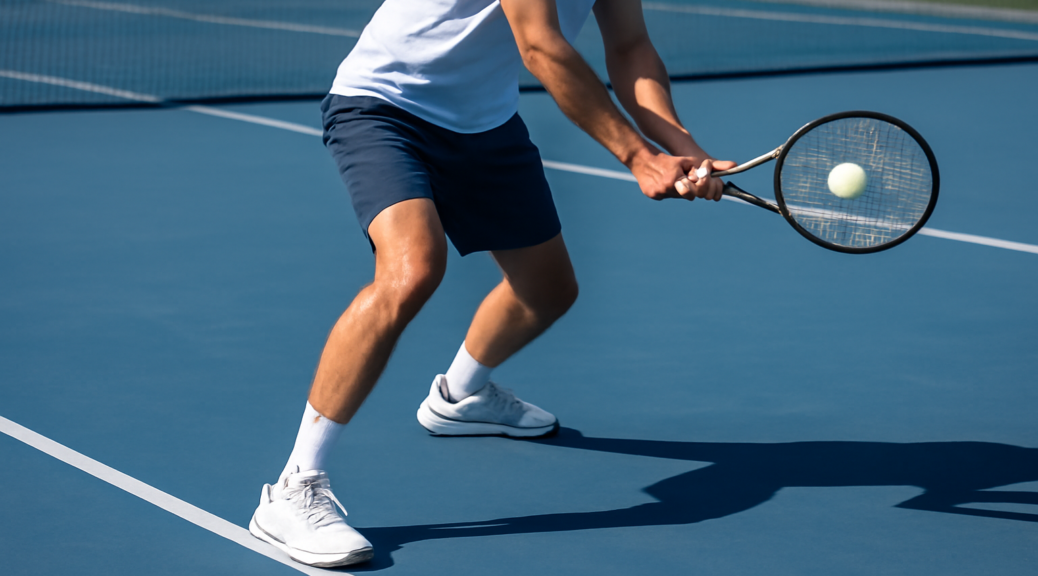 Pemain tenis melakukan pukulan backhand di lapangan keras saat latihan