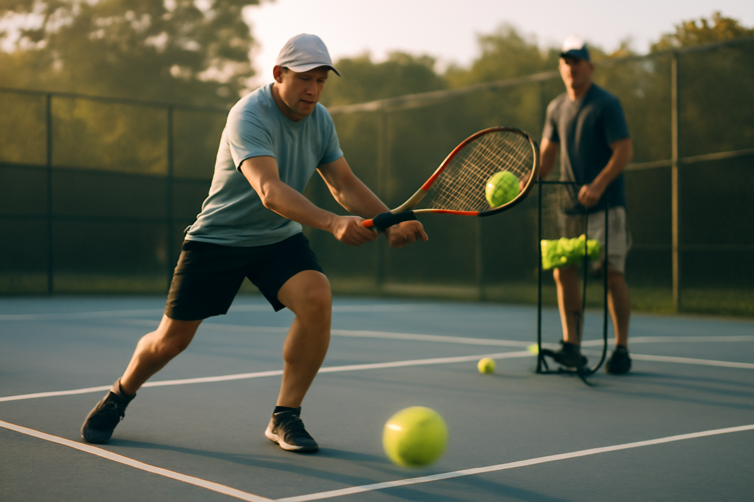 Pemain tenis pemula berlatih pukulan forehand dengan umpan bola dari pelatih di lapangan keras